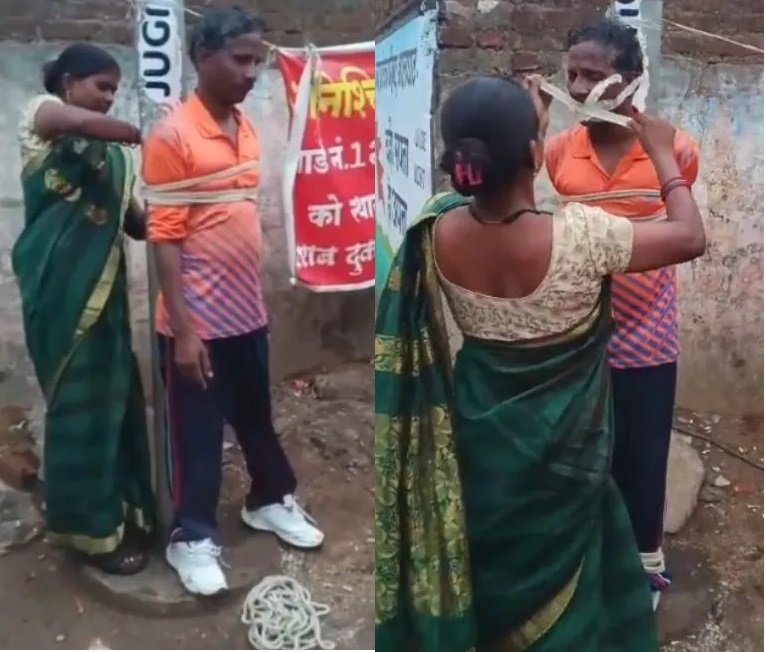 शराबी पति को पत्नी ने खंभे से बांधा, मुंह पर लगाया टेप
