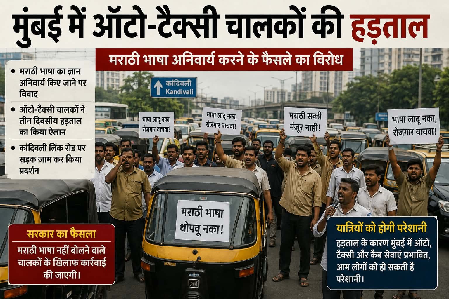 मराठी भाषा अनिवार्य करने के विरोध में मुंबई के ऑटो-टैक्सी चालकों का तीन दिवसीय हड़ताल…… सड़क पर उतरे चालक